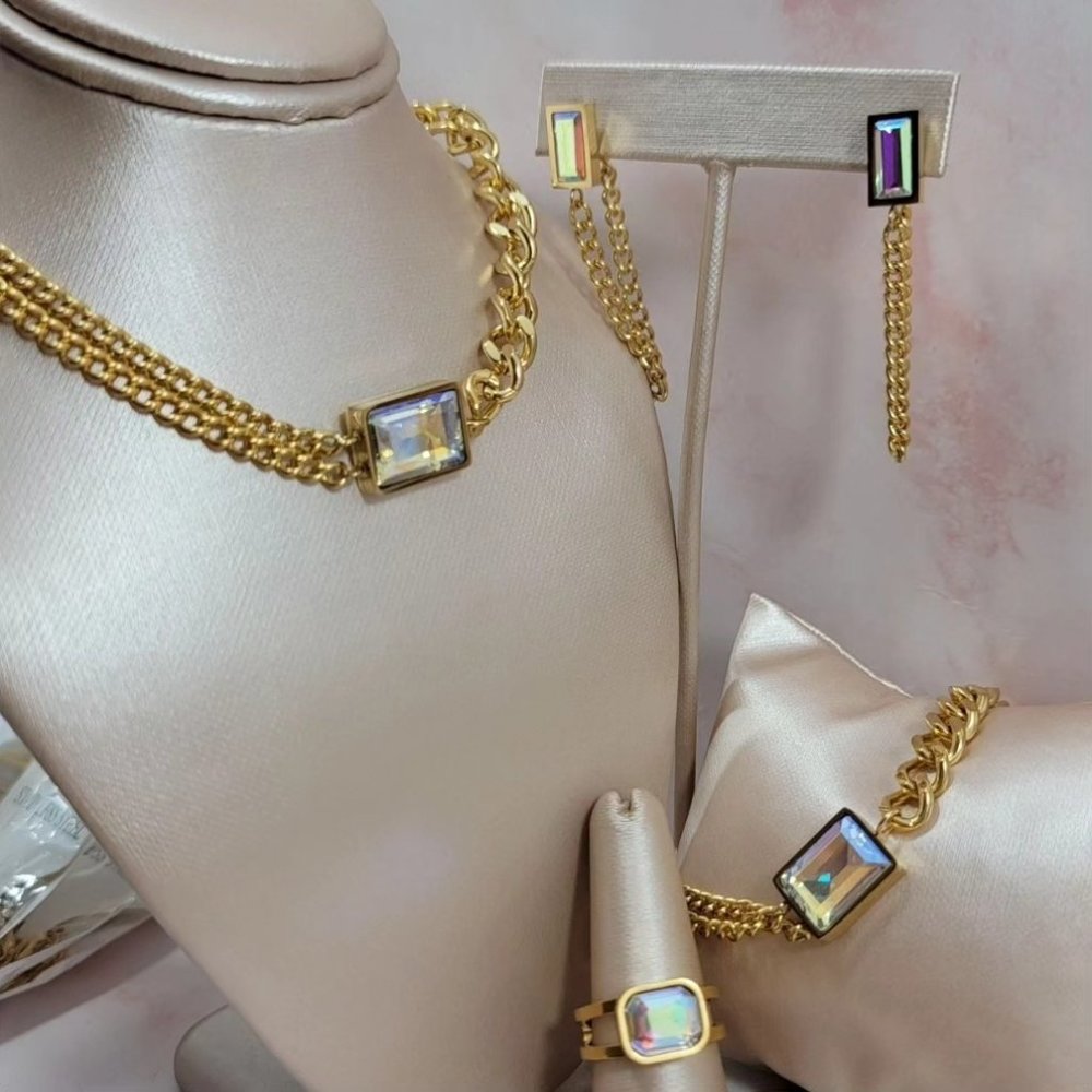 18K Gold Plated Crystal Necklace, Earrings and Bracelet 4 pcs Set